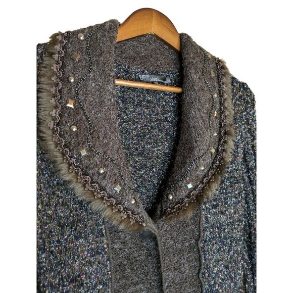 Sioni Boucle Shawl Collar Long Line Cardigan Size M Petite Brown Embroidered - Picture 4 of 13